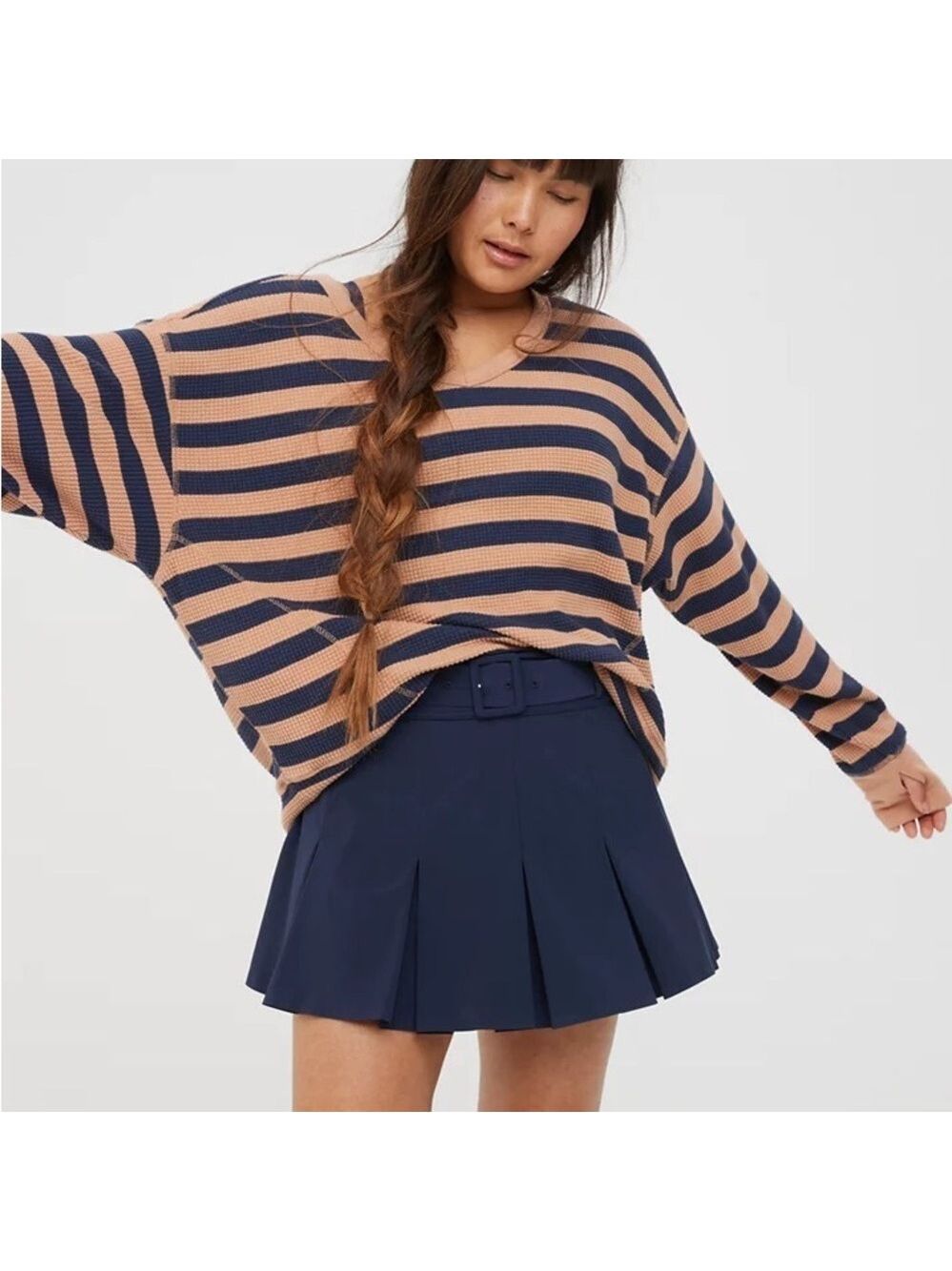 NWT OFFLINE By Aerie Wow! Waffle Oversized T-Shirt Striped V-Neck Tan Sweater S - Picture 9 of 16